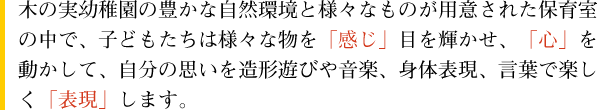 木の実幼稚園の豊かな自然環境と様々なものが用意された保育室の中で、子どもたちは様々な物を「感じ」目を輝かせ、「心」を動かして、自分の思いを造形遊びや音楽、身体表現、言葉で楽しく「表現」します。