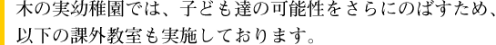 木の実幼稚園では、子ども達の可能性をさらにのばすため、以下の課外教室も実施しております。